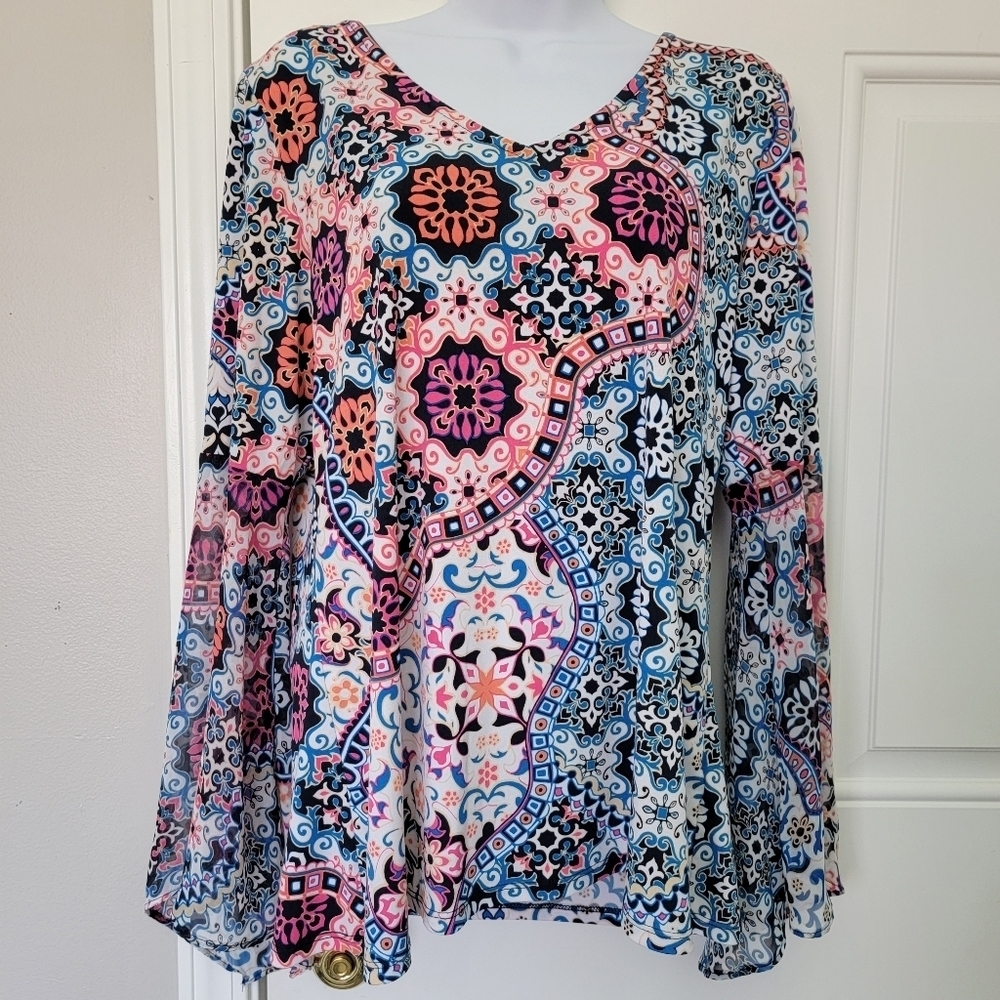 Coco Bianco Colorful Bell Sleeve Tie Back Pink Blue White Blouse Size M